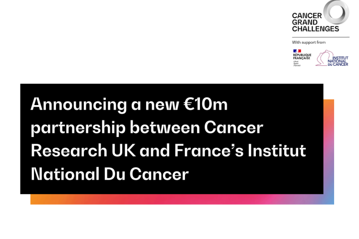 Branded graphic with copy: Announcing a new €10m partnership between Cancer Research UK and France’s Institut National Du Cancer